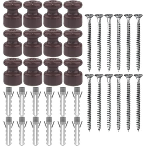 OASHISU 12 Stück Vintage Isolatoren aus Porzellan für Textilkabel Porzellanisolatoren Aufputz Kabelhalter Kabelführung Wandpins Wand und Deckenpins braun Ø18mm Keramik-Isolatoren, Isolatoren Keramik