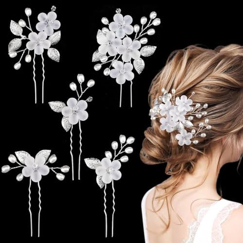 5 Pièces Épingles à Cheveux de Mariage, Accessoire Cheveux Mariage, Épingles à Cheveux avec Perles et Fleur, Pince Fleurs en forme de U pour Marriage Anniversaire Fête - Argent