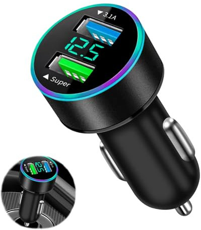 2 Puertos Cargador Movil Coche, 66W Cargador Mechero USB Carga Rapida con Voltímetro LED - USB 3.1A + Super Charge - Compatible con Huawei, Samsung Galaxy, Xiaomi, Tabletas