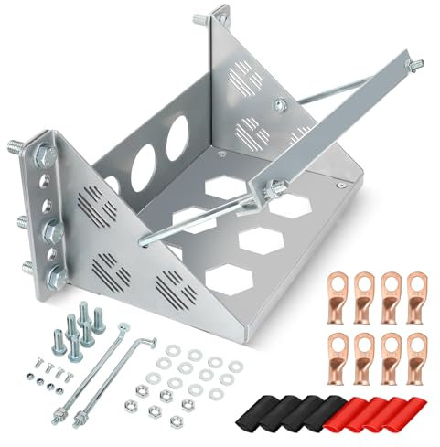 XIKOBY Battery Tray Box, Metal Steel Battery Holder Bracket Relocation Kit Compatible with Boat RV Trailer Car, Battery Hold Down Mounting Tray with Battery Lugs Fit up to 10.63×7.06×7.5 Battery