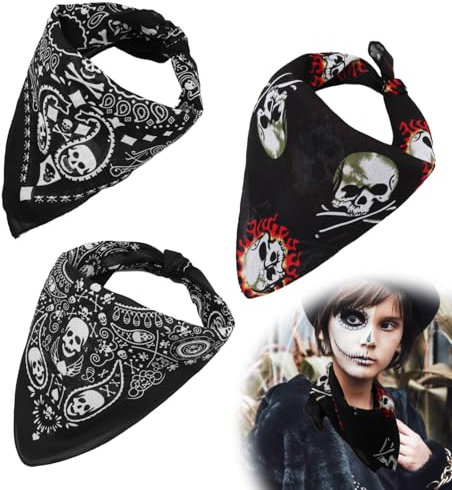 OMCGG 3PCS Skull Novelty Bandana, Halloween Black Head Scarf Headbands Headpiece Premium Multifunction Handkerchiefs Kerchief for All Seasons Sports Cycling Hiking Running Men Women