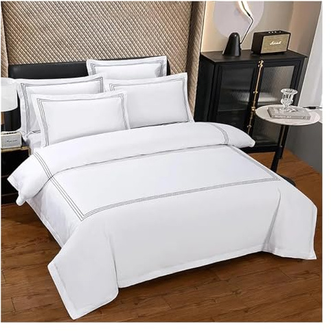 Bettwäsche-Set, 600TC-Baumwolle, weiß mit grau/blauer Stickerei, weiches Hotel-Bettbezug-Set, Bettlaken, Kissenbezug, Doppelbett, Queen-Size-Bett, 4-teiliges Bettwäsche-Set(A,FITTED BED SHEET_QUEEN 4P