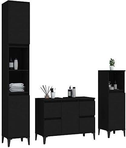Willood 3 TLG. Badmöbel Set Badezimmerschrank Badezimmermöbel Metallfüße Schwarz Holzwerkstoff