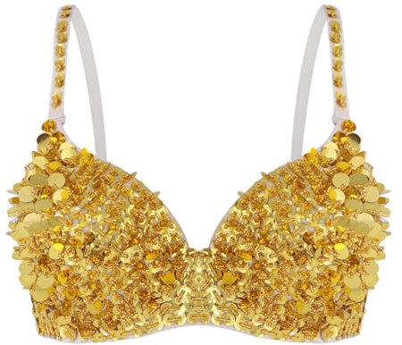 Miutii Damen Glitzer Pailletten BH Glänzend Crop Top Bauchtanz Oberteile Trägertop Musik Festival Nachtclub Tanz Party Tops Gold L