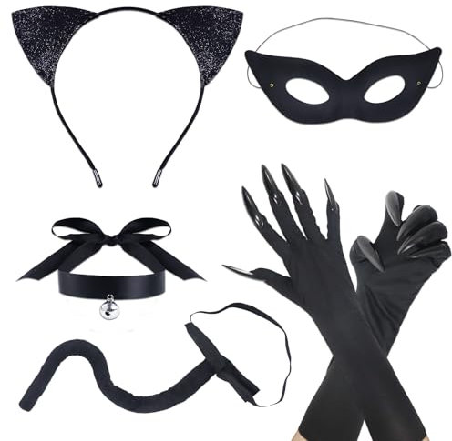 Oerphh 6 PCS Catwoman Costume Accessories,Black Cat Cosplay Set with Cat Ear Headband Eye Cover Tail Cat Claw Gloves Necklace,Black Cat Cosplay Costume for Women Fancy Dress Party Costumes (Style02)