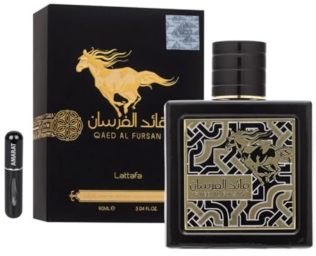Qaed Al Fursan Original Eau da Parfum, 90 ml, arabisches Parfüm, lange Lebensdauer, Import aus Dubai, inklusive nachfüllbarem Zerstäuber, 5 ml, holzig und raffiniert, Schwarz