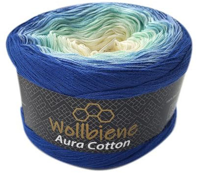 Wollbiene Farbverlaufsgarn 200g - 800m - 4 Fädig Bobbel Strickwolle Häkeln Bobbel Wolle Farbverlauf, 100% Baumwolle, Strickwolle Mehrfarbig (806 blau aqua cremeweiß)