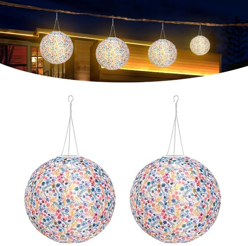 NAVESO Lampions Solar Außen, 2 Stück 30cm Lampions Außen Wetterfest, Nylon Solarlampions für Außen Hängend, Gartenlaterne für Draußen, Lampions Led Bunt für Garten, Hof, Terrasse, Hochzeit