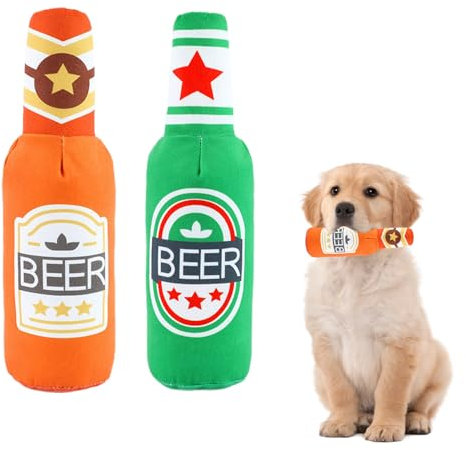 VARKAGE 2 Stück Quietschendes Hundespielzeug, Weiches Bierflaschen Plüsch Hundespielzeug, Hundespielzeug Bier für Kleine Mittlere Große Hunde