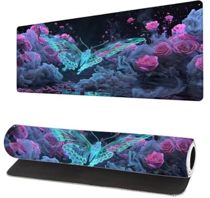 Grand Tapis de Souris XXL 900x400x3mm, Tapis de Souris Gamer Noir avec Surface en Antidérapant Résistant à l'eau Tapis de Bureau Mouse Pad Papillon, sous Main Souris à Bords Cousus pour Bureau J-5