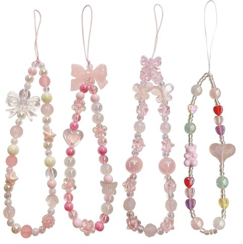 Leseogye 4 Pcs Pink Phone Charm, Cute Y2K Bow Heart Bear Beaded Phone Strap, Handcrafted Smartphone Lanyard Wrist Chain for Teen Girls Women