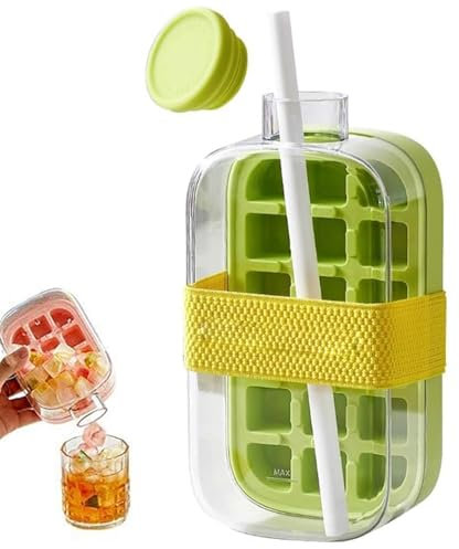 Ice Cube Bottle, Cubitera 2 en 1 Cubitera Botella de Agua con Tapa y Recipiente, Fácil de Presionar para Liberar el Hielo, Molde para Bebidas, Café y Jugo (Verde 800 ml)