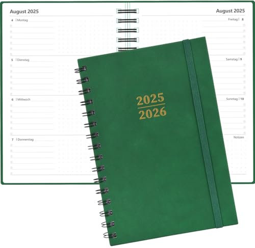 Kalender 2025 2026, Moseem Terminplaner 2025 2026 A5-Wochenplaner, August 2025 - Juli 2026,Elastischer Verschluss, Doppeldrahtbindung,Planer 2025/2026,15×21.5cm- auf Deutsch,Grün