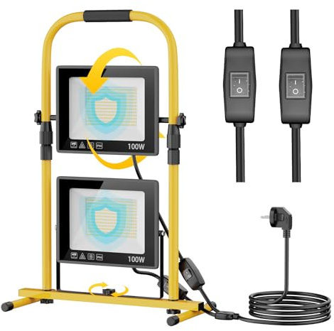 Yofuly 200W LED Work Light Portable Stand Floodlight 6500K Job Site Lighting, 1.5M Cord Plug in Work Light & Independent Switch IP66 Waterproof for Outdoor Garage Workshop Construction