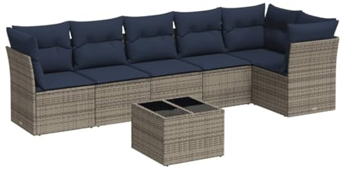 vidaXL Patio Sofa Set with Cushions 7 Piece, Sectional Sofa with Glass Table, Outdoor Conversation Set, Modern Style, Gray Poly Rattan