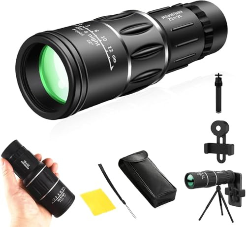 Brivibe, telescopio monoculare bifocale con zoom ottico, 16 x 52, ad alta definizione, con adattatore per smartphone, treppiede, per bird watching, escursioni, concerti, viaggi (nero)