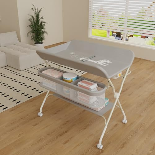 Table à Langer Pliable,ceinture de sécurité et 4 roues avec frein, 5 Réglable en Hauteur, Rangement Multifonction Plan à Langer avec Panier Latéral, pour Chambres d'enfant, 75 * 68 * 83-91cm