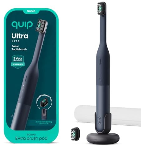 Quip Ultra Lite - Spazzolino elettrico a tempo con custodia, testina sostituibile, setole morbide, manico in silicone e plastica, durata della batteria 30 giorni, spazzolino da viaggio - Ash