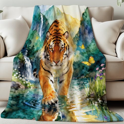 GLOBLELAND Tiger Blanket Mountains Scenery 59×51inch | Soft Cozy Flannel Throws Animal Butterflies Washable Blanket For Home Office Room Bed Sofa Chair Gift Birthday
