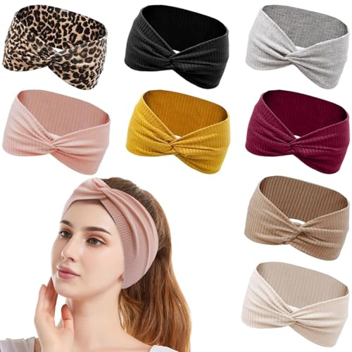 Fascie per Capelli Donna, 8 Pezzi Benda Elasticizzata Ampia Antiscivolo per Sport, Yoga, Palestra - Stile Boho