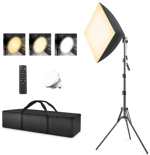 Softbox illuminazione fotografica, 85 W LED Soft Box con telecomando, dimmerabile, 2700 – 6400 K, 3 temperature di colore (bianco, caldo, freddo) lampadine per video, foto studio luci per la