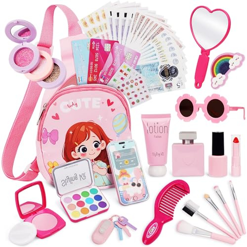 46 PCS Girls Pretend Makeup Set with Princess Purse for Role Play Fun | Includes play phone, keys, cards, mirror, brushes and handbag for travel, parties, family play and imaginative adventures