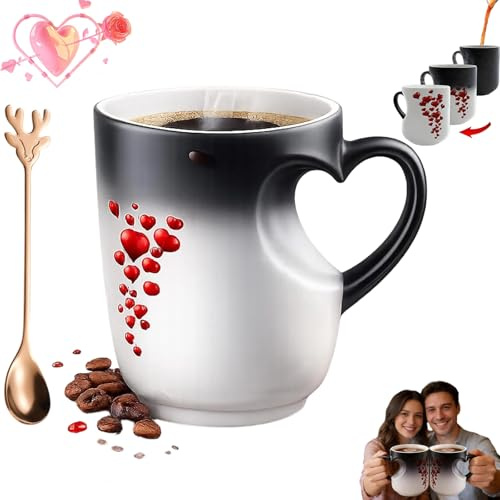 Pnedeodm Colour Changing Mug, Heart-Shaped Color Changing Ceramic Mug with Handle, Heat Changing Mug with Red Heart Design, Valentine Themed Heart Magic Mugs, Romantic Gifts for Couples (1Pc)