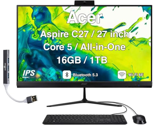 Acer Aspire C27 All-in-One Desktop, 27 IPS FHD, Ryzen 7 5825U | 16GB DDR5, 1TB PCIe SSD, tastiera e mouse wireless, Wi-Fi 6E, Bluetooth 5.3, webcam, Windows 11 Home /w Hub USB