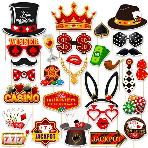 30 Stück Las Vegas Casino Foto Requisiten | Las Vegas Deko Photo Booth Deko für Casino-Mottopartys,für Spieleabende, Geburtstage,Nachtparty und Casino-Mottoparty