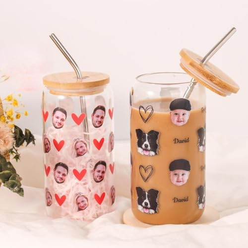 Taza de vidrio personalizada con tapa de bambú, lata de vidrio personalizada con cara de bebé/perro con pajilla, vaso de vidrio de café helado personalizado de 16 onzas con foto, Navidad, regalo de
