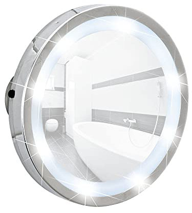 WENKO LED Leuchtspiegel Mosso - 3 Saugnäpfe, Spiegelfläche ø 11,5 cm 300 % Vergrößerung, Stahl, 15 x 15 x 2.5 cm, Chrom, Silber