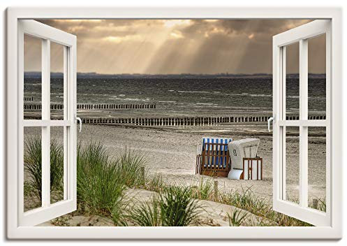 ARTland Wanddeko Leinwand Bilder Wandbild 130x90 cm Fensterblick Fenster Strand Düne Meer Maritim Strandkorb Küste Insel T6AM