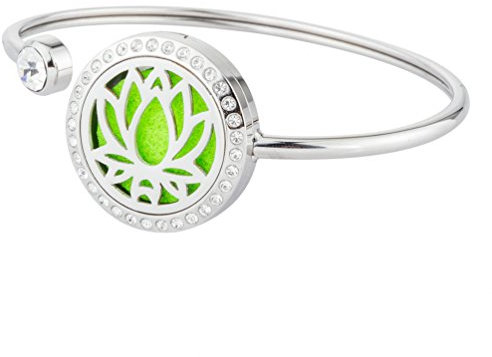 JOYMIAO Ätherisches Öl Diffusor Lotus Armband - Edelstahl Kristall Medaillon Armreif - Beste Aromatherapie Schmuck für Frauen und Männer mit 8 Farbe Pads