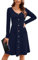 OUGES Women's Long Sleeve Dress V Neck Casual Button Down Midi Ladies Dresses with Pockets(Navy,XL)