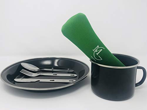MG Camping & Picnic Dining Set - Consist of a Camping Plate, Grey Enamel Camping Mug, Stainless Steel Camping Cutlery Set (Fork, Spoon and Knife with Bottle Opener) in Lovely Green Hygiene Case/Pouch