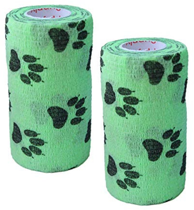 Vet Wrap Wrap Tape (Grün mit Pfotenabdruck) (2 Stück) (7,6 cm x 4,6 m) Selbstklebend Haftend Kohäsive Flex Self Stick Bandage Grip Roll Hund Katze Haustier Pferd