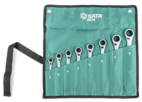 SATA ST09079SJ Métrico de 8 Piezas 12 Pt. Juego de Llaves de Carraca Doble, Pulido, 8 mm - 19 mm, con Rollo de Herramientas Duradero