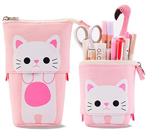 TOYESS Trousse à Crayons Télescopique en Toile Durable avec Motif de Chat Mignon - Etuis à Crayons pour Garçons Filles Etudiants et Fournitures de Bureau, Rose