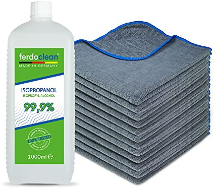 ferdoclean® 1000ml Isopropanol 99,9% + 12 x Mikrofasertücher (40 x 40 cm) 380 GSM | 1l IPA Alkohol Reiniger für Haushalt, Auto | Fettentferner Reinigungsmittel | Microfasertuch blau/anthrazit