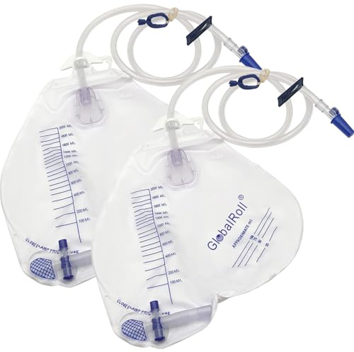 GlobalRoll Urinary Drainage Bag with Anti-Reflux Chamber, Urine Bag with 2000 mL Volume, 48 Drainage Tube, Clips and Hanging Hook, Professional Urinary Bag for Home and Hospitals Health Aids, 2 Pack