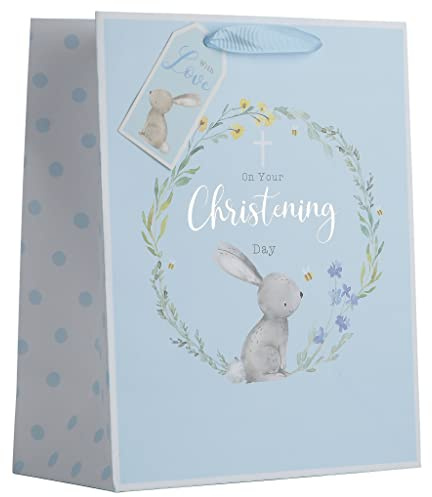 Design By Violet White Kraft Paper Rabbit Blue Boy Christening Gift Bag With Gift Tag Fully Recyclable Medium