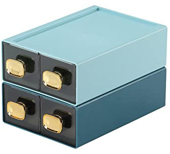 OSteed Office Desk Organiser Drawers, Stackable Desktop Storage Drawer, Plastic A4 Drawer Organiser, Stationery Storage Unit, Letter Box, Countertop Tabletop Toiletry Storage Drawers, 4 Small BU&CYAN