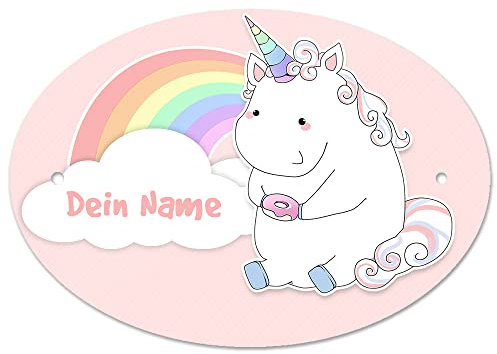 Eurofoto Türschild mit Namen und Motiv mit Pastell-Einhorn | Kinderzimmer-Schild personalisiert