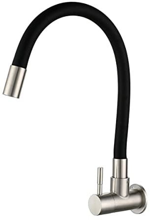 HomeLava Wasserhahn Küche Wandmontage mit Flexibler Auslauf Schwarz Kaltwasserhahn Kaltwasser Armatur Einhebel Spültischarmatur Wandarmatur 360° Schwenkbar Küchenarmatur mit Silikon Weichschlauch