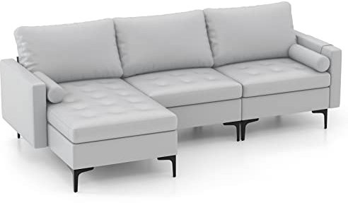 COSTWAY Canapé Convertible à 3 Places, Canapé d'angle en Cuir Aérien avec 2 Ports USB, Gauche ou Droite, 3 Coussins, 2 Traversins, Chaise Longue Moderne pour Salon, Bureau