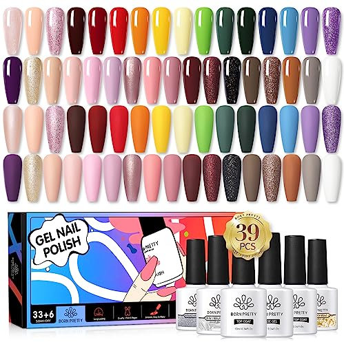 BORN PRETTY UV Nagellack Nude Shellac Nude Rot Weiß Gel Nagellack 39PCS Gel Nägel Nagellack Set Top Coat Base Nagelkleber Matte Glitzer Shellac Nagellack Gelnägel Acryl Nagelset Nägel Selber Set