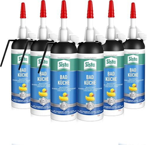 SISTA BAD KÜCHE transparent, Dichtstoff, schimmelresistent ausgestattetes, langlebiges Silikon für Küche und Bad, wasserdichter Fugenfüller, 6x 100ml Spender