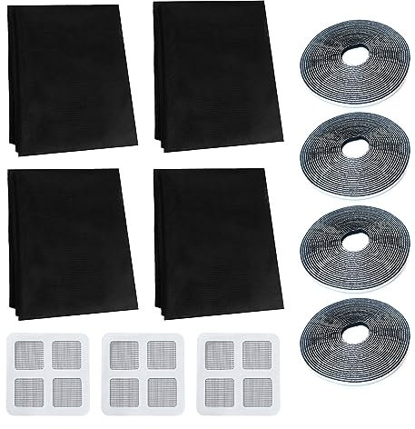 4 rejillas negras para ventanas con 3 pegatinas para reparación de pantalla, mosquitera, mosquitera, mosquitera, cinta adhesiva autoadhesiva, adecuada para todo tipo de puertas y ventanas