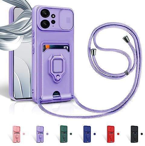 Aithne Cordon de Coque pour Xiaomi Redmi Note 12 4G,Couvercle Coulissant de la Caméra+Support Annulaire à 360 Degrés,Fentes pour Cartes Lanyard Silicone Case -Pourpre