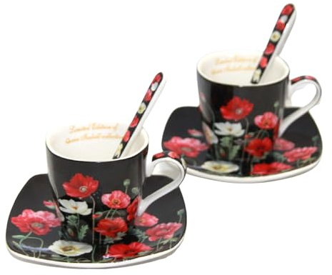 Queen Isabell Kaffeetassen-Set Espresso Porzellanset für Zwei Personen Tassen mit Untertassen und Löffel 80ml, Mohnblumenmuster (Schwarz)